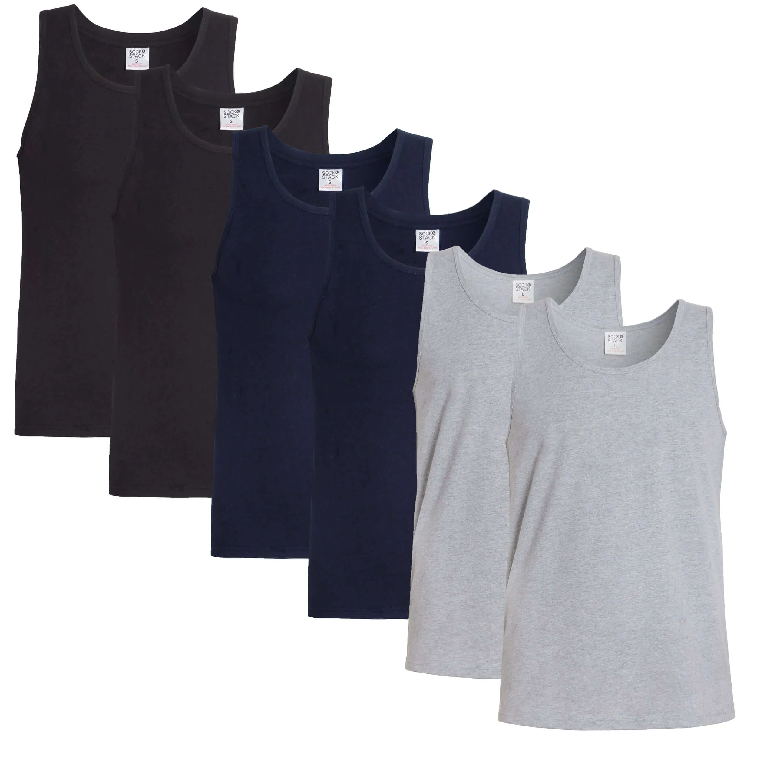 Pack of 6 Men's Cotton Blend Gym Muscle Vests Fitted Lightweight Comfortable Breathable Summer Wear Sizes S to XXL Available in Black Grey Navy White by Sock Stack