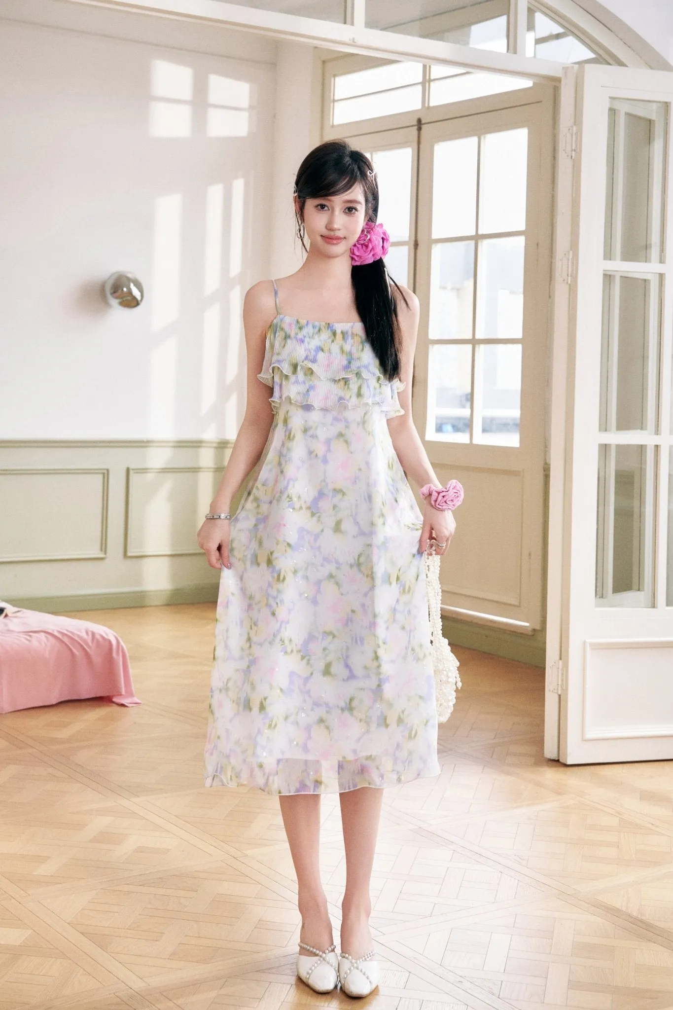 Pink and Green Hot Gold Printed Halter Dress