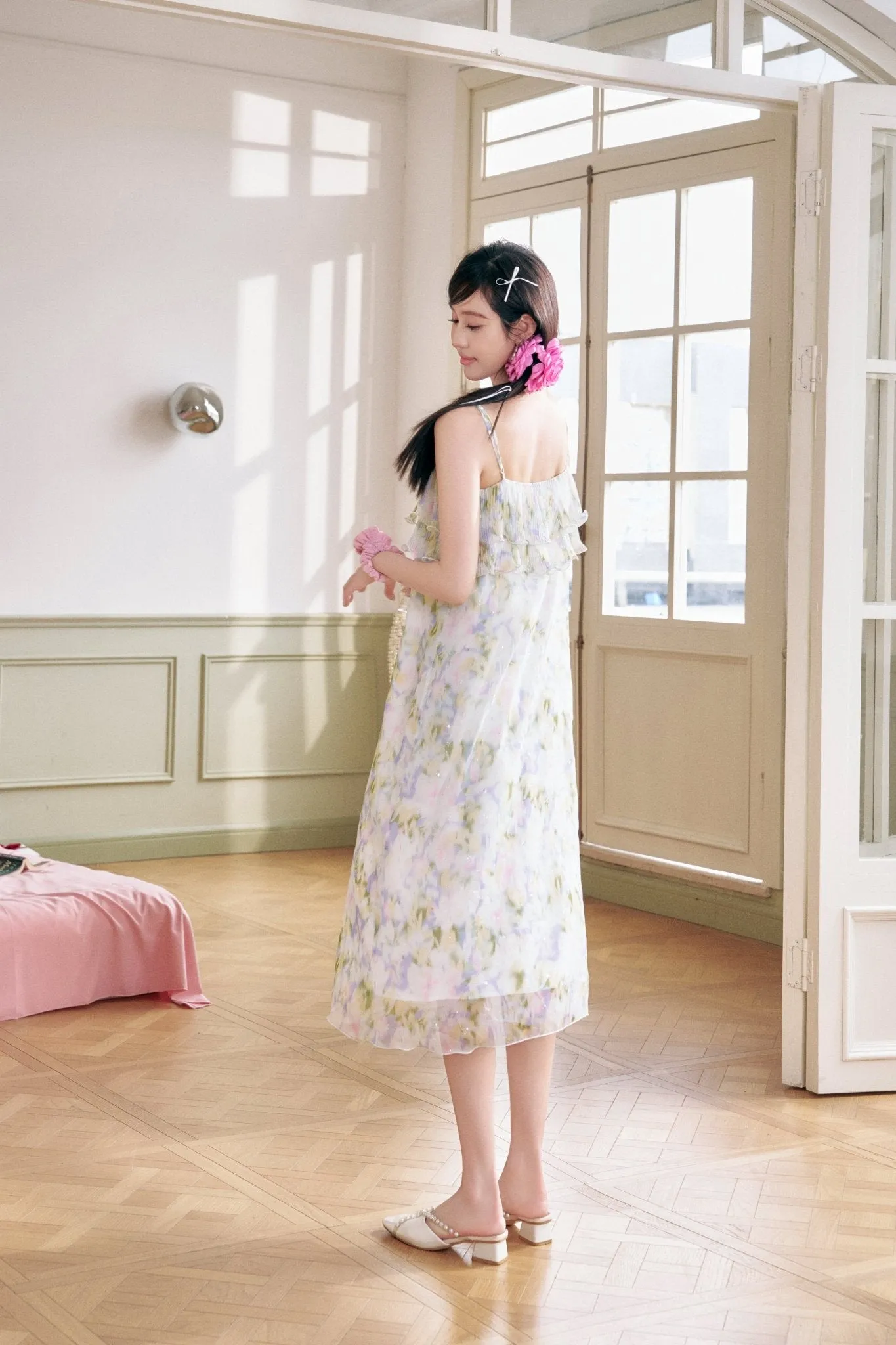 Pink and Green Hot Gold Printed Halter Dress