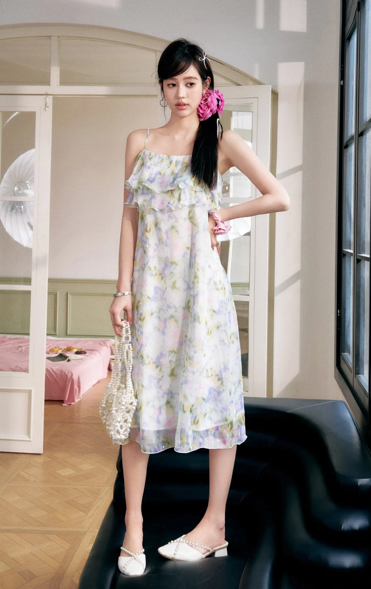 Pink and Green Hot Gold Printed Halter Dress