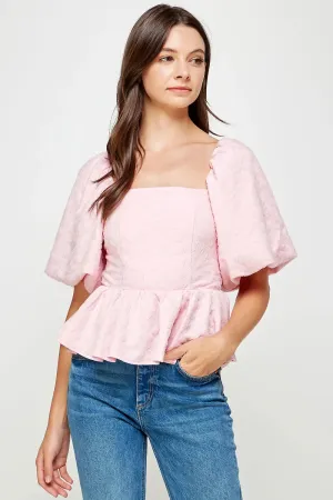Pink Balloon Sleeve Jacquard Blouse