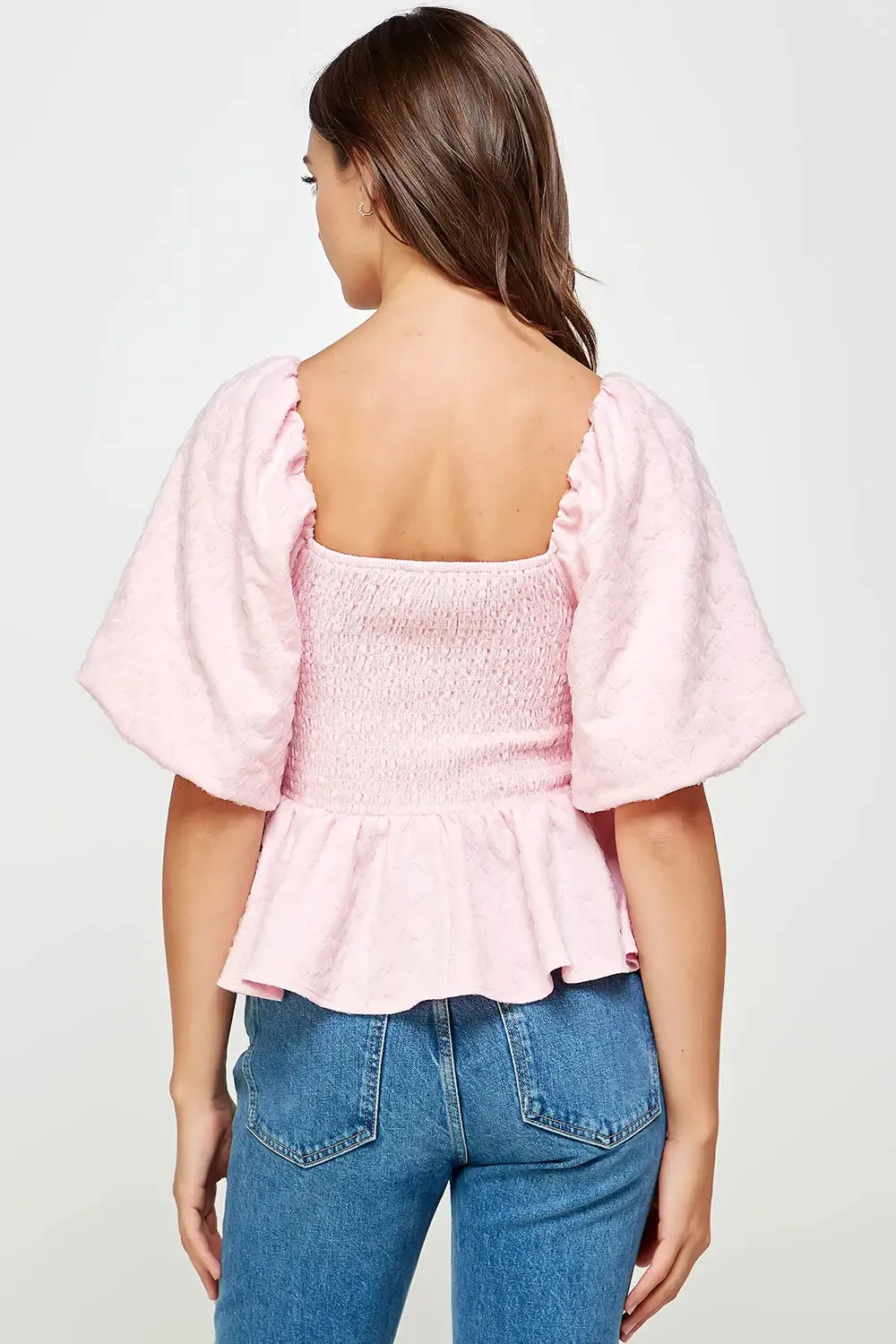 Pink Balloon Sleeve Jacquard Blouse