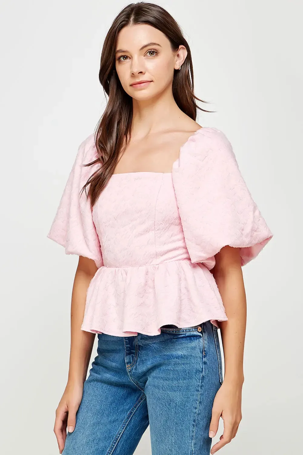 Pink Balloon Sleeve Jacquard Blouse