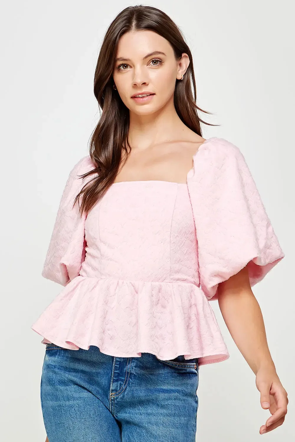 Pink Balloon Sleeve Jacquard Blouse