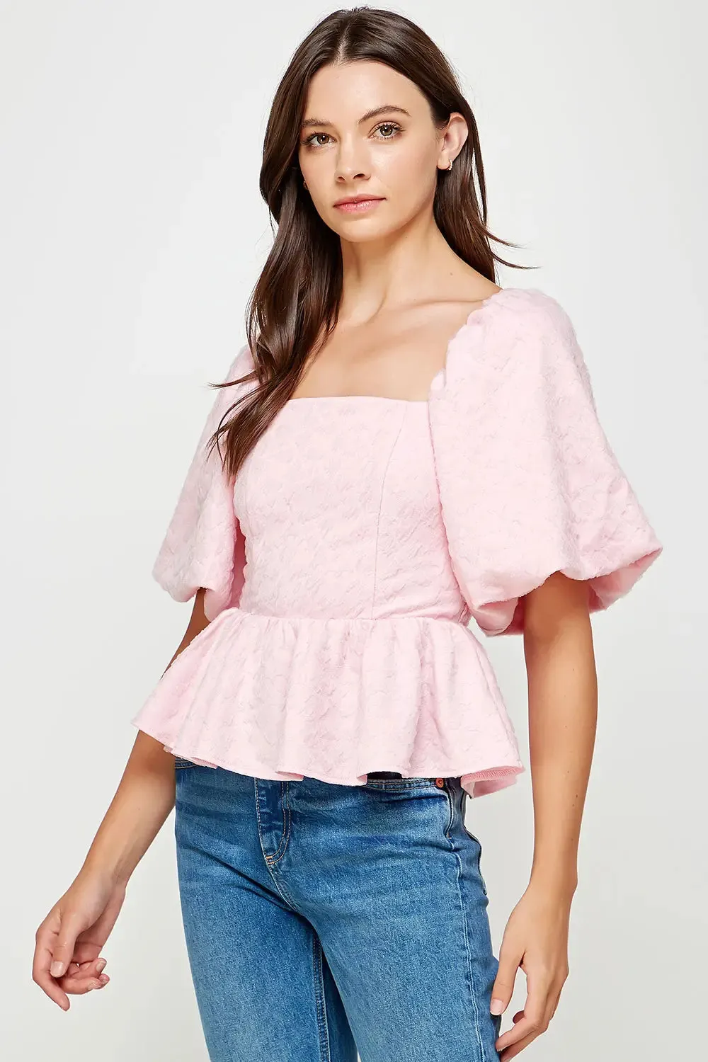 Pink Balloon Sleeve Jacquard Blouse