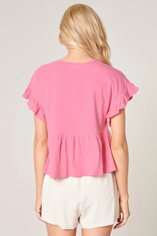 Pink Ruffle Detail Peplum Top