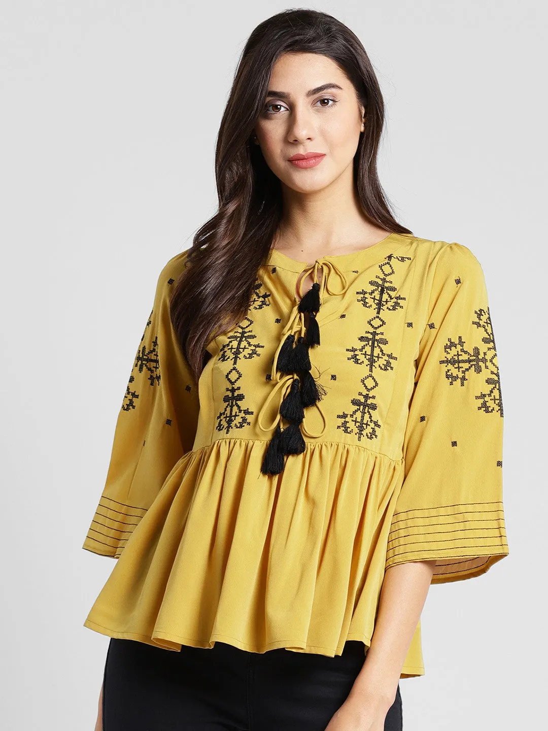 plusS Mustard Brown Embroidered A-Line Top