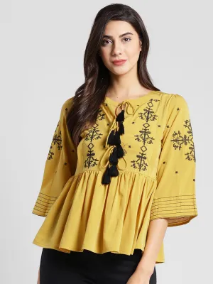 plusS Mustard Brown Embroidered A-Line Top
