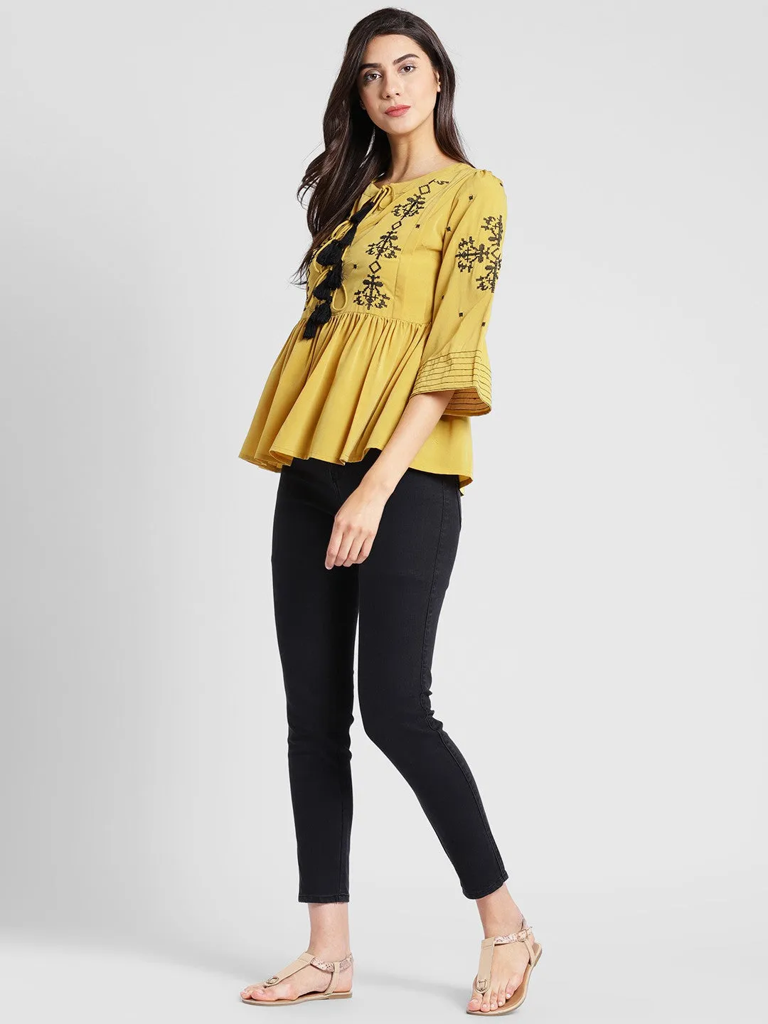 plusS Mustard Brown Embroidered A-Line Top