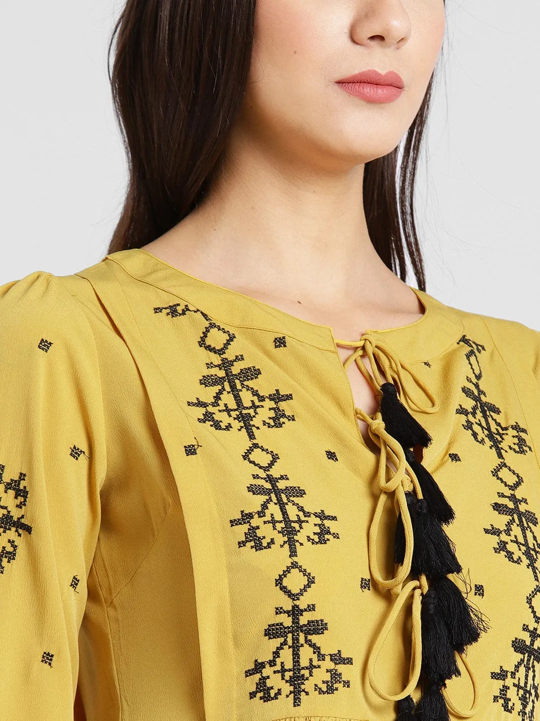 plusS Mustard Brown Embroidered A-Line Top