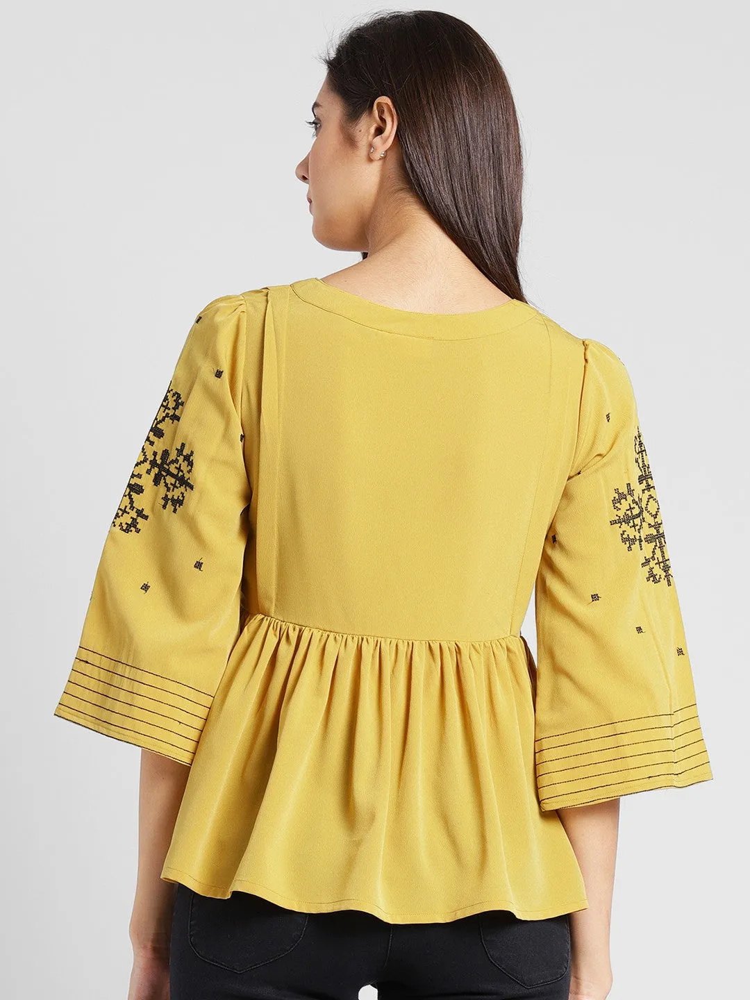 plusS Mustard Brown Embroidered A-Line Top