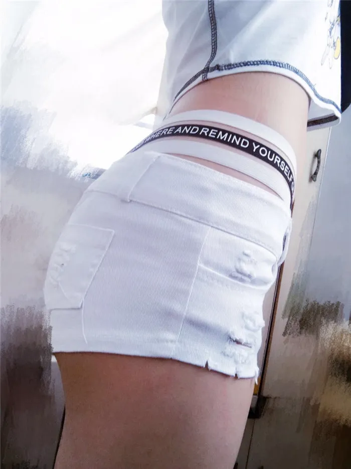 Pure Color Bandage Straps Slim Denim Shorts