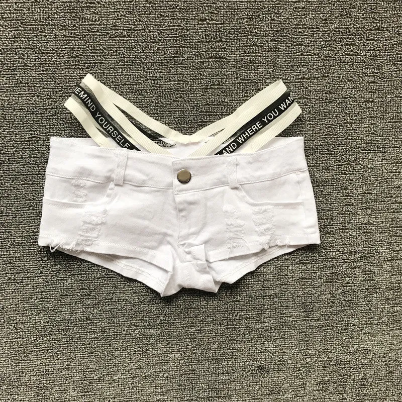 Pure Color Bandage Straps Slim Denim Shorts