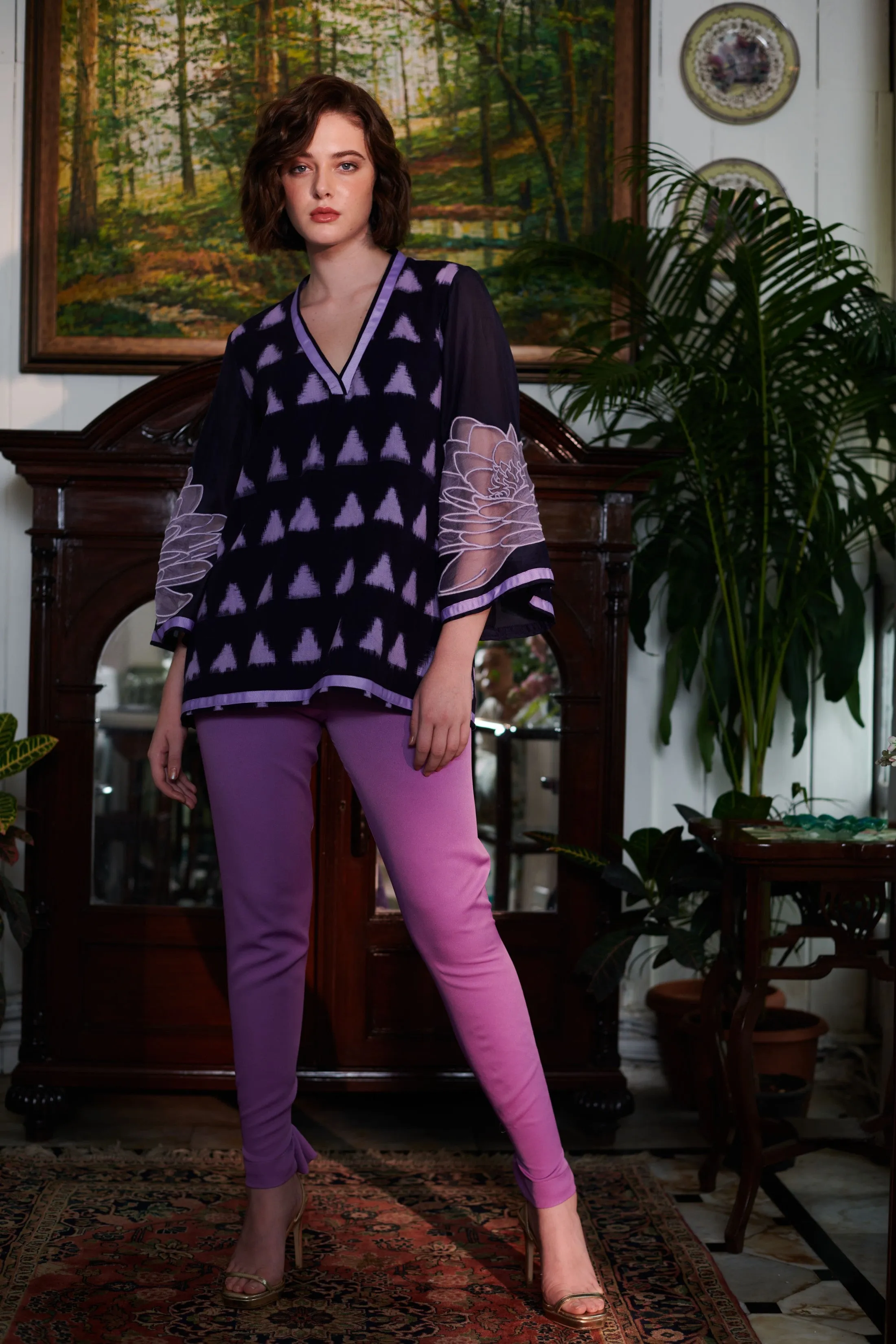 Pure Cotton Ikat Embroidered Sleeves Lilac Top