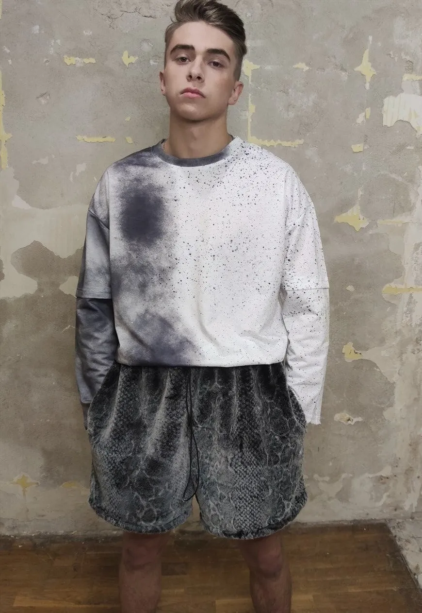 Python fleece shorts handmade snake fur cargo overalls grey