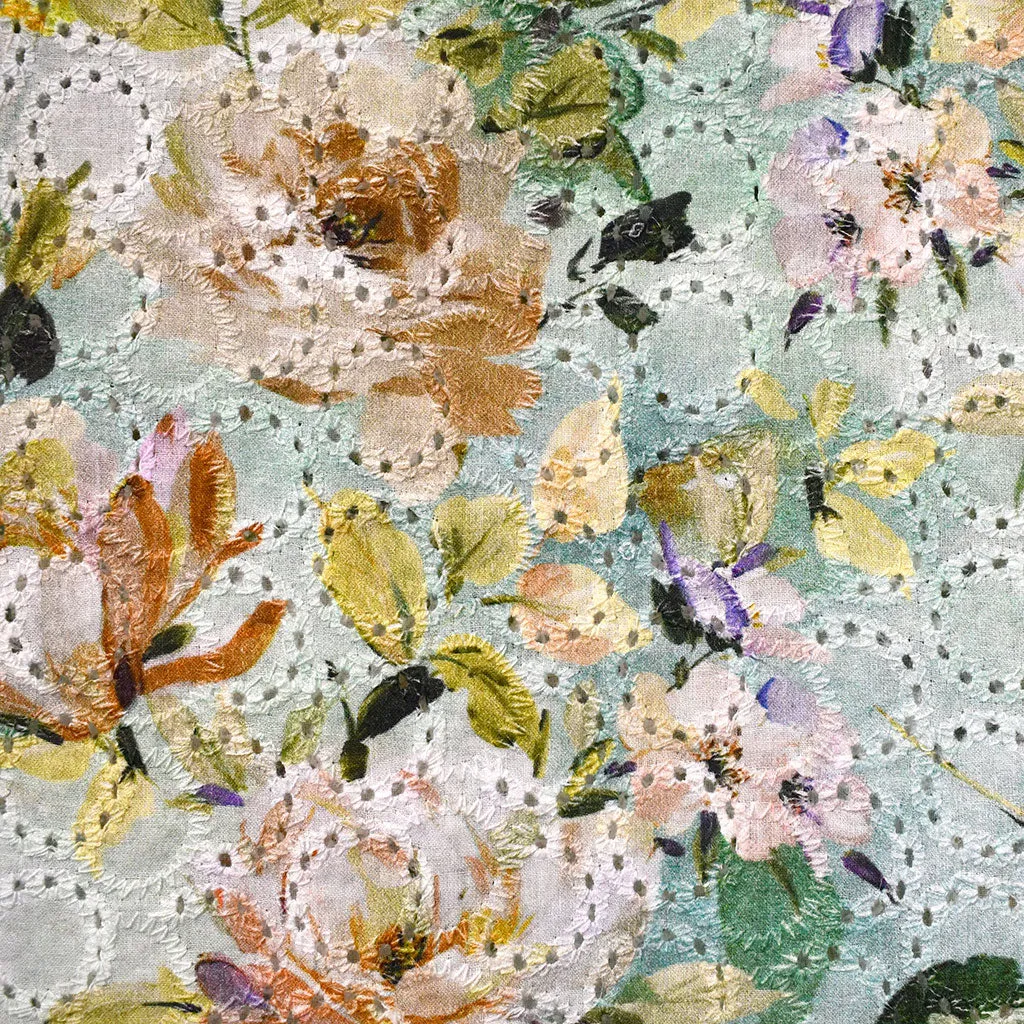 Rose Garden Printed Embroidered Cotton Eyelet Sage/Peach SY