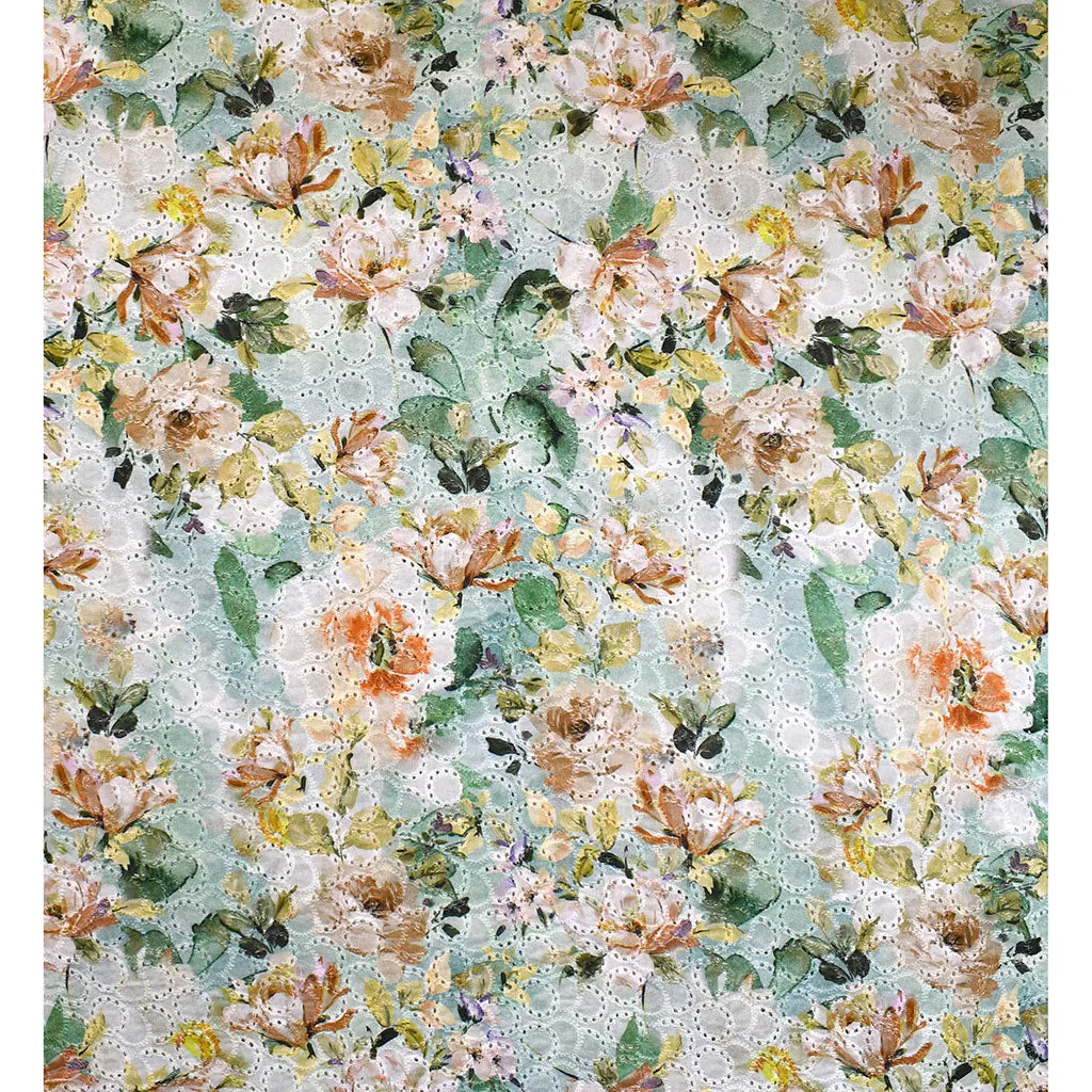 Rose Garden Printed Embroidered Cotton Eyelet Sage/Peach SY