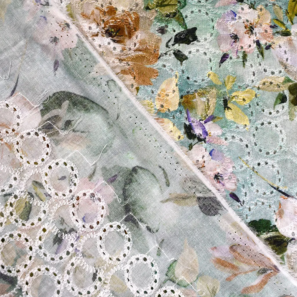 Rose Garden Printed Embroidered Cotton Eyelet Sage/Peach SY