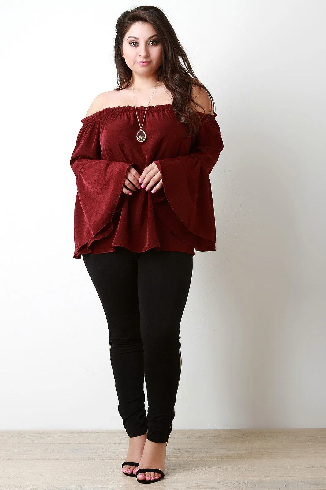 Ruffle Trim Off The Shoulder Bell Sleeve Top