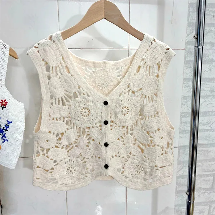 Sheer Crochet Top Embroidery Lace Blouse Cardigan Sleeveless Open-knit Crop Tops for Women Spring Summer Boho Vacation Outfit