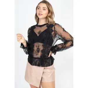 Sheer Mesh Floral Peplum Top