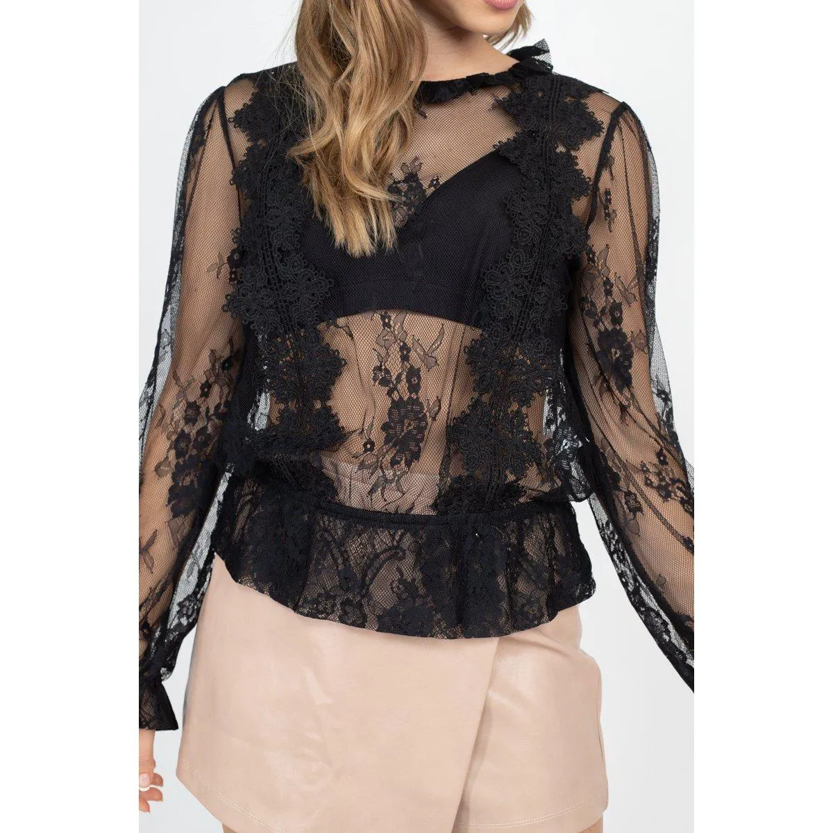 Sheer Mesh Floral Peplum Top