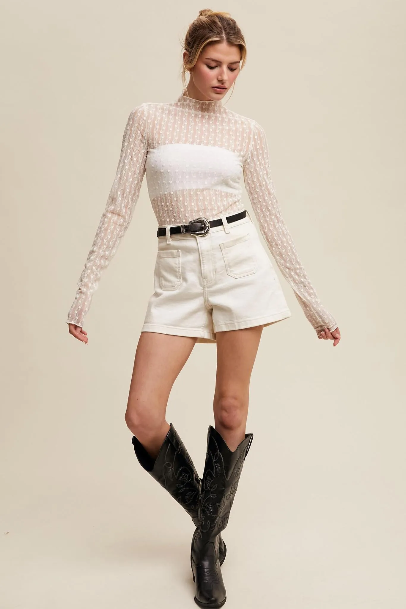 Sheer Textured Lace Long-sleeve Top