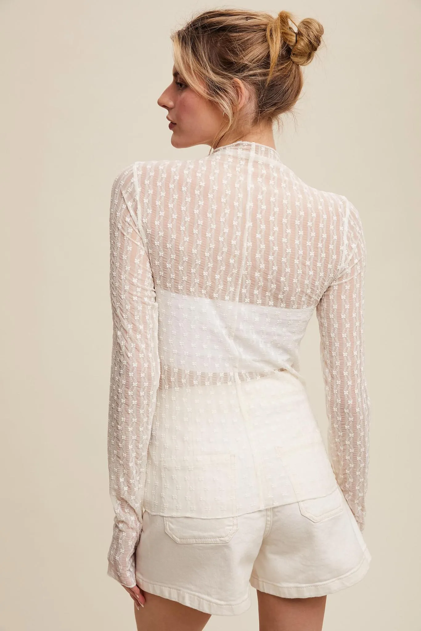Sheer Textured Lace Long-sleeve Top