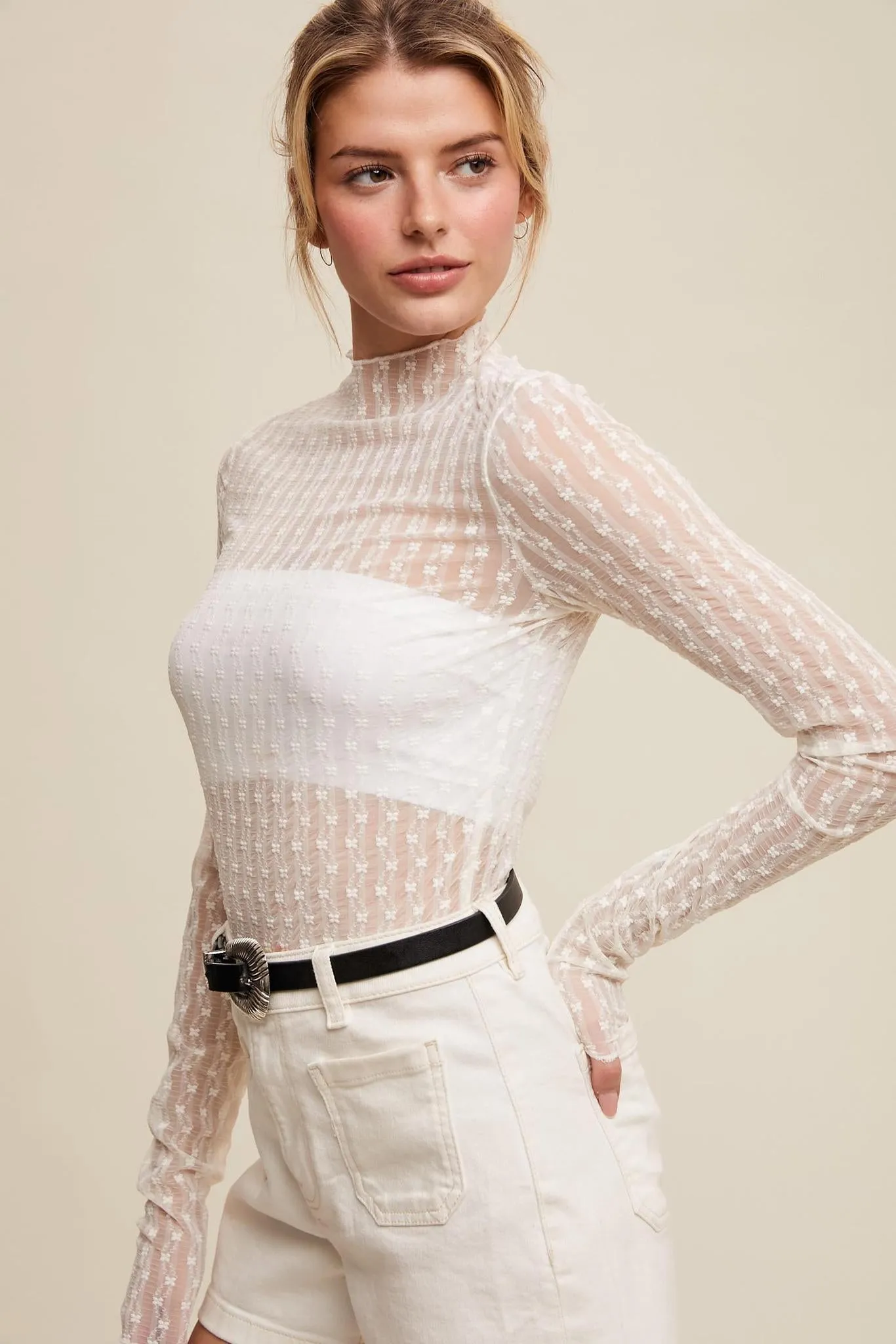 Sheer Textured Lace Long-sleeve Top