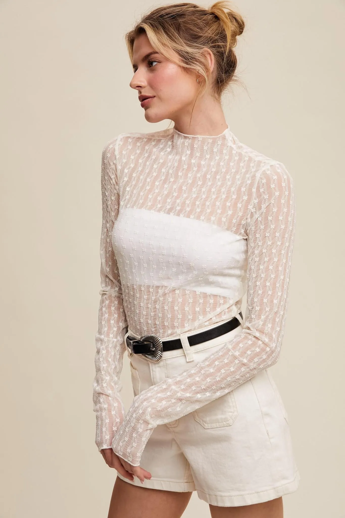 Sheer Textured Lace Long-sleeve Top