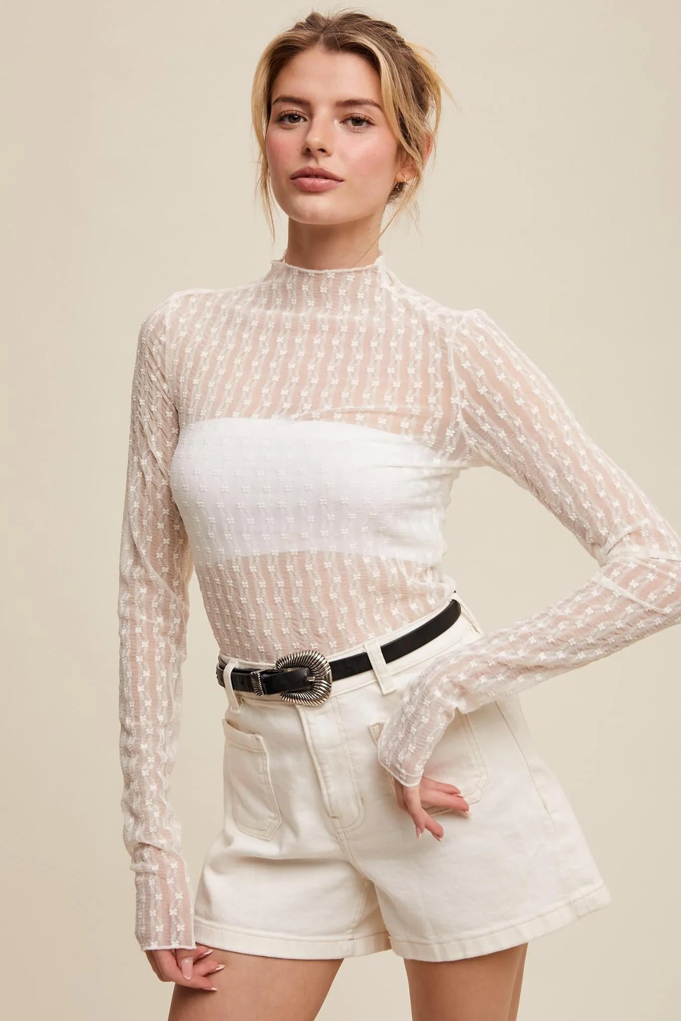 Sheer Textured Lace Long-sleeve Top