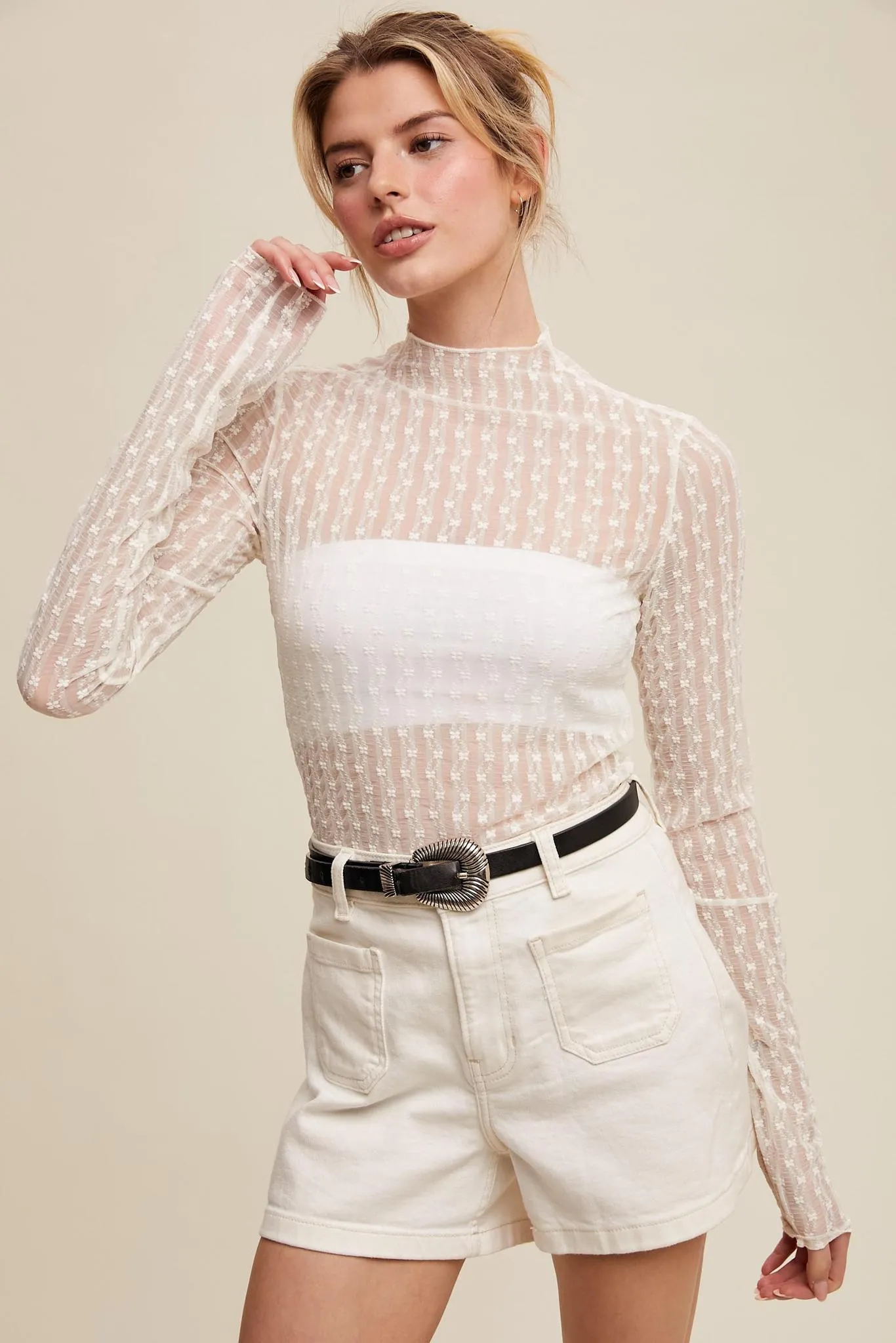 Sheer Textured Lace Long-sleeve Top
