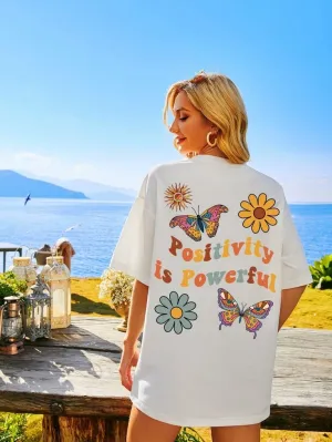 Slogan & Floral Print Drop Shoulder Tee