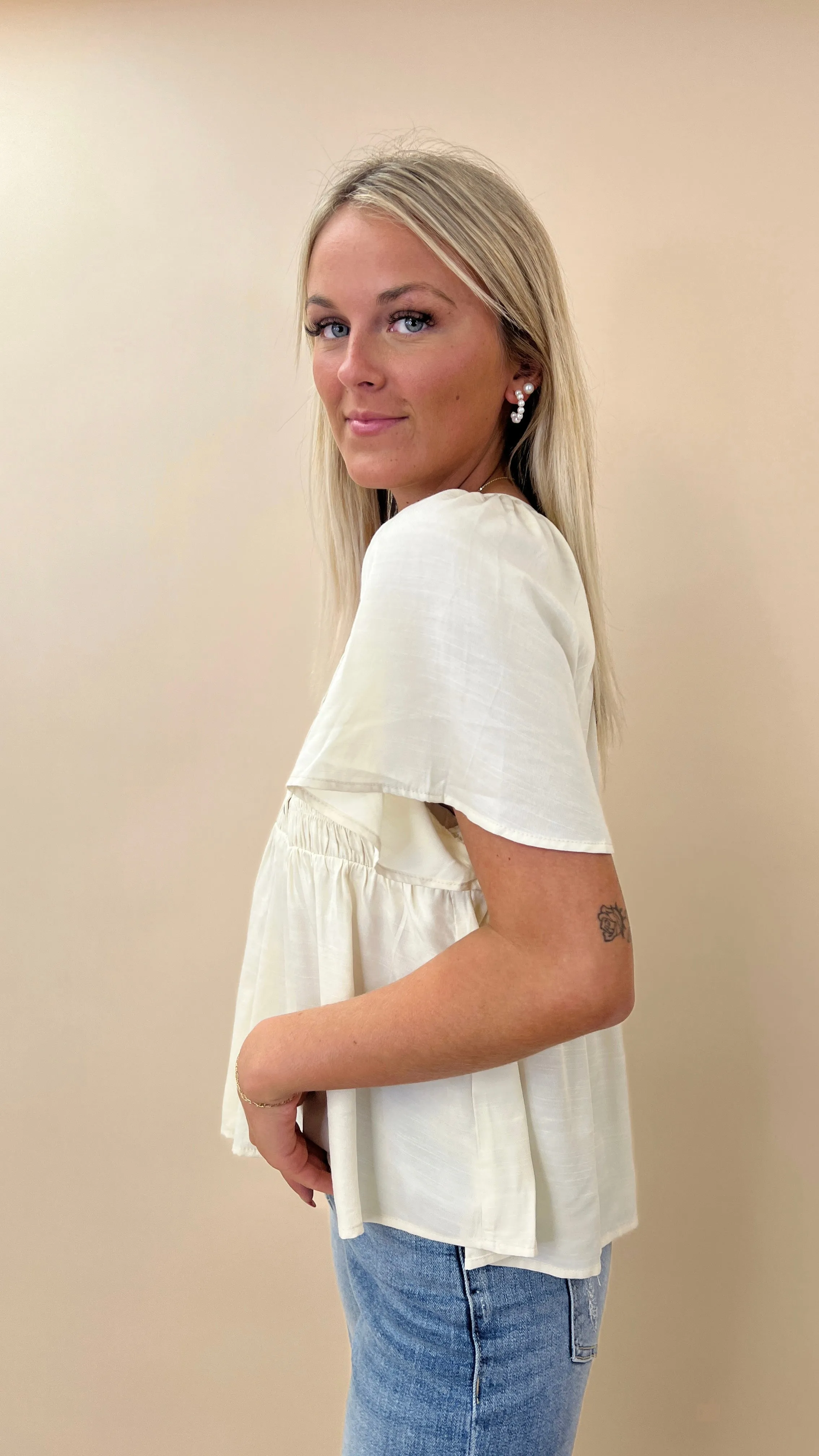 Smocked Button Front Peplum Top