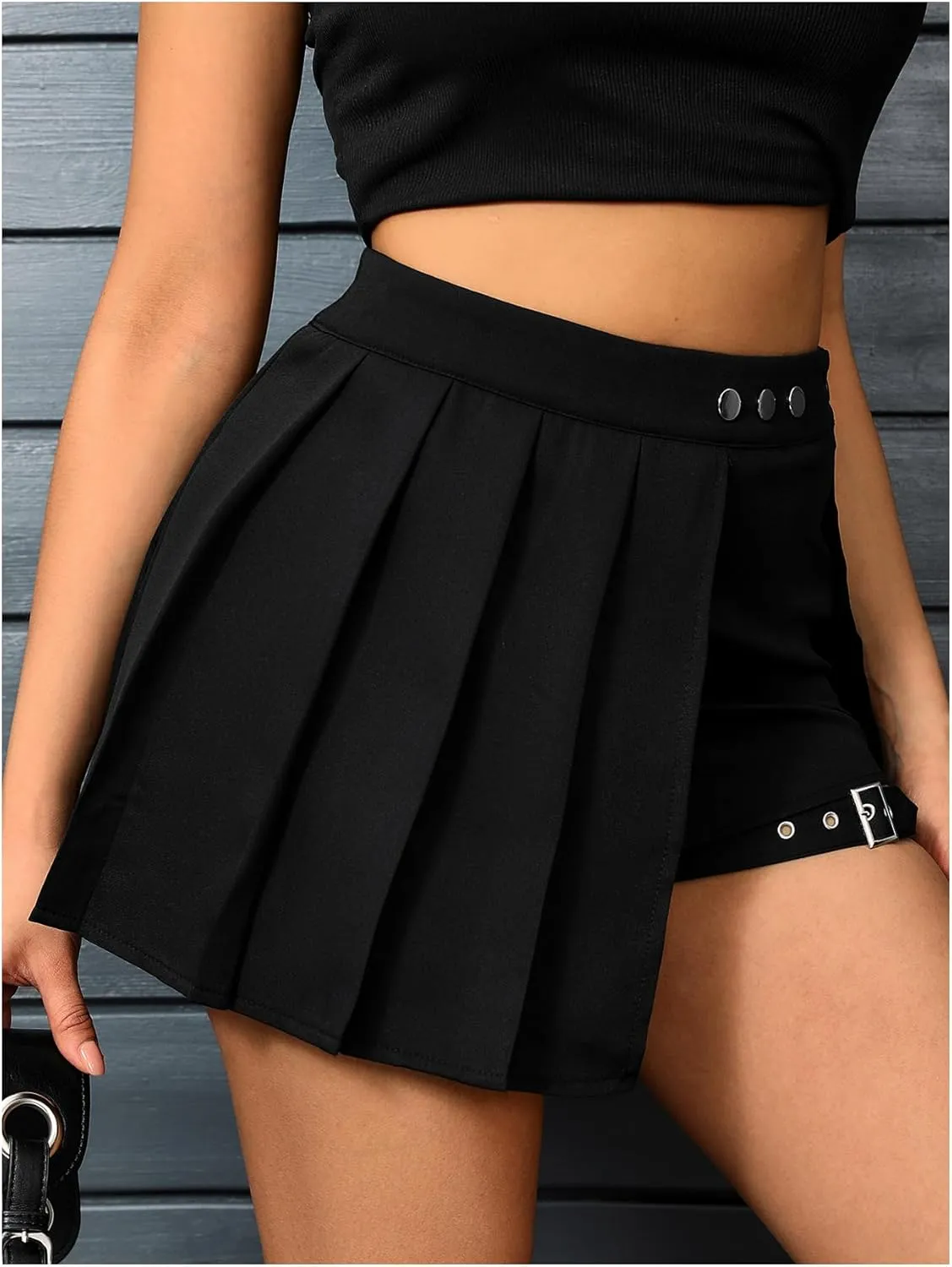 SweatyRocks Women's High Waisted Asymmetrical Hem Buckled Detail Pleated A Line Mini Skirt