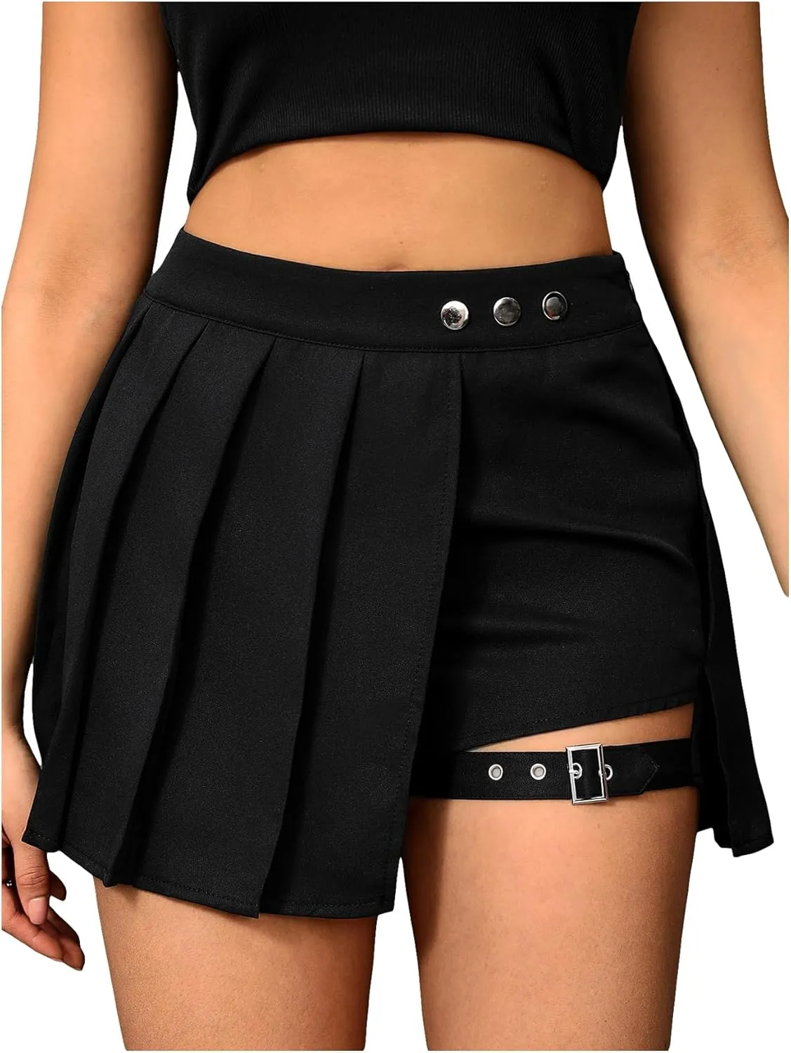 SweatyRocks Women's High Waisted Asymmetrical Hem Buckled Detail Pleated A Line Mini Skirt