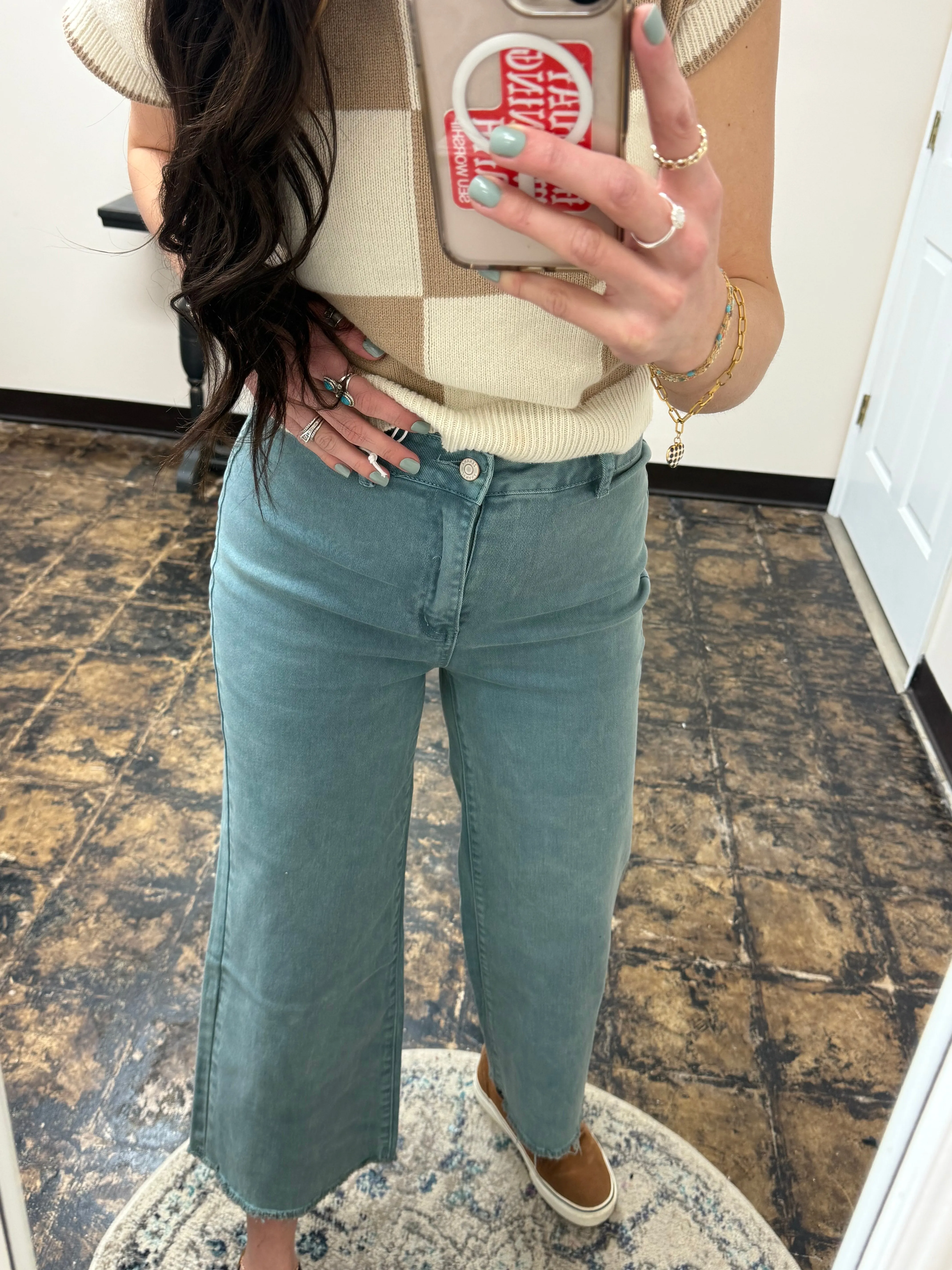 The Kristi Acid Wash Cropped Pants - Teal