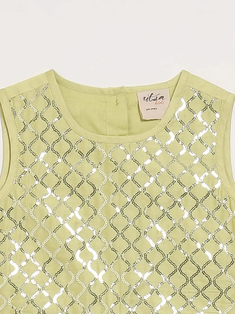 Utsa Kids Lime Mesh Embroidered Top, Ghagra & Dupatta Set (2 - 8yrs)