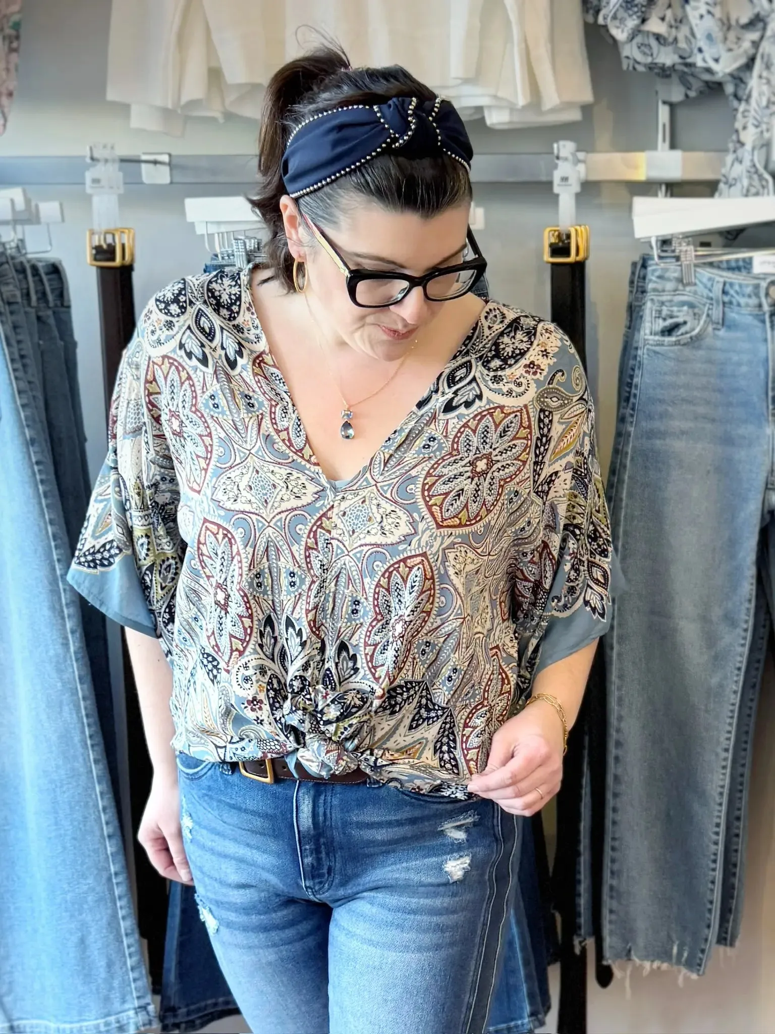 V-Neck Kimono Sleeve Tie Waist Paisley Blouse  Blue