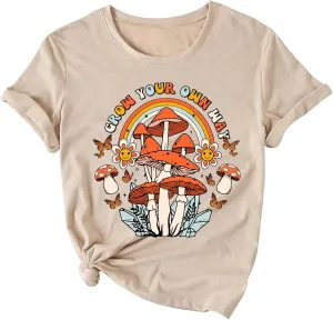 Vintage Boho Graphic Tees for Women Summer Round Neck Nature Cottagecore Tee Tops