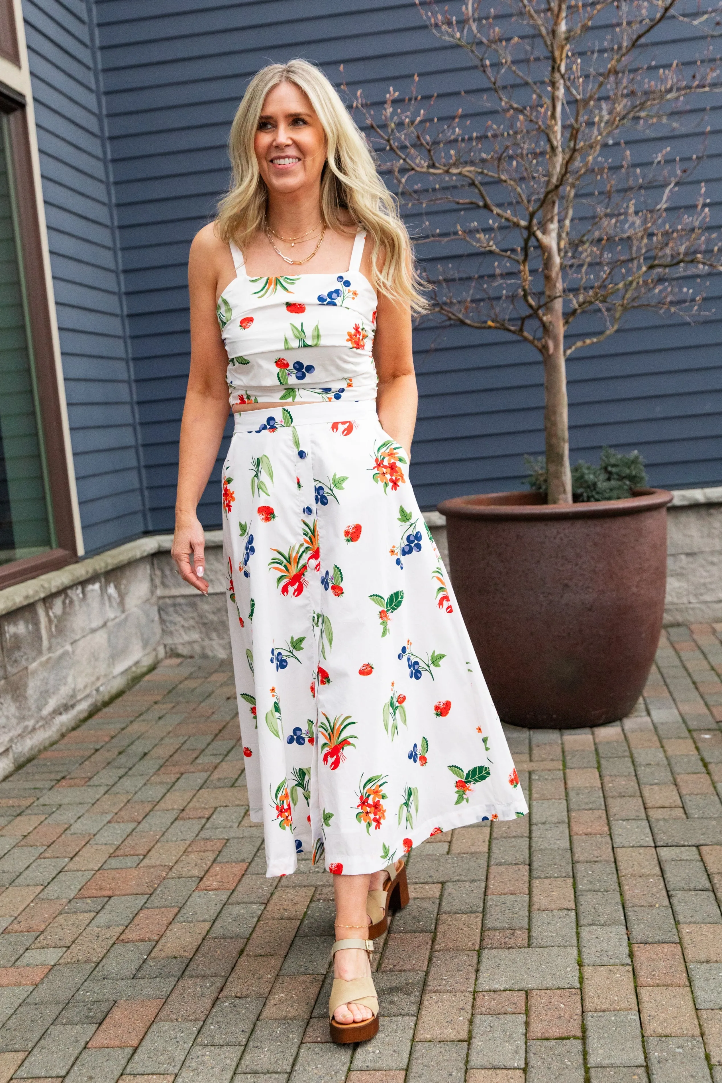 White & Red Printed Poplin Midi Skirt