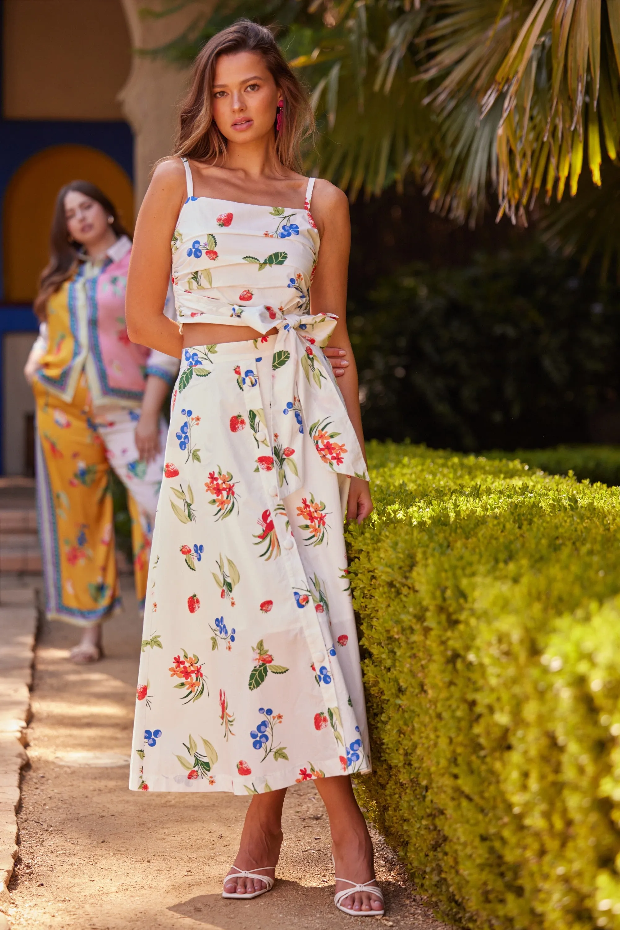White & Red Printed Poplin Midi Skirt