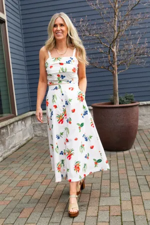 White & Red Printed Poplin Midi Skirt