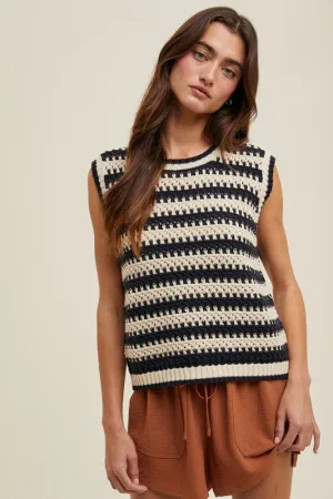 WL Boho Chic Black Striped Crochet Sleeveless Top