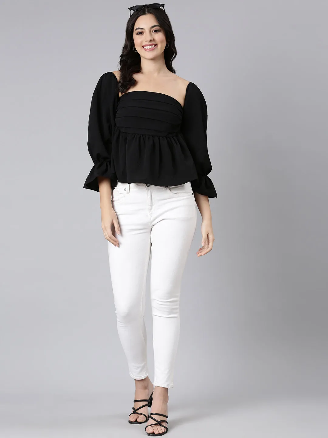 Women Black Square Neck Bell Sleeves Gathered Detailed Peplum Top