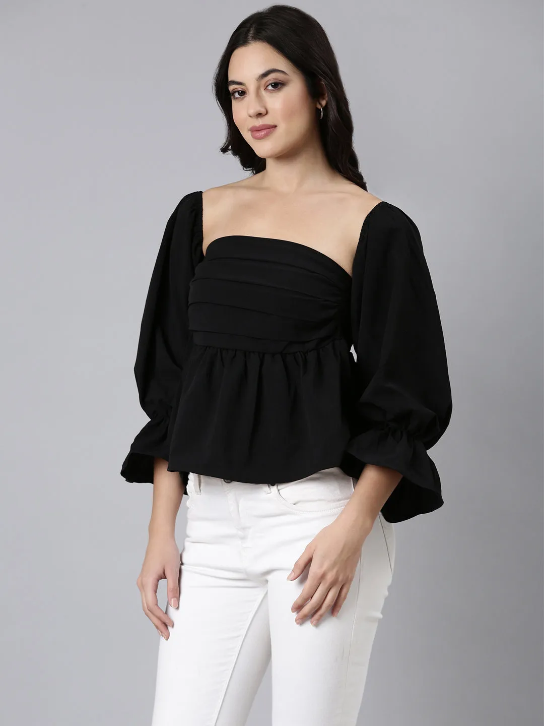 Women Black Square Neck Bell Sleeves Gathered Detailed Peplum Top