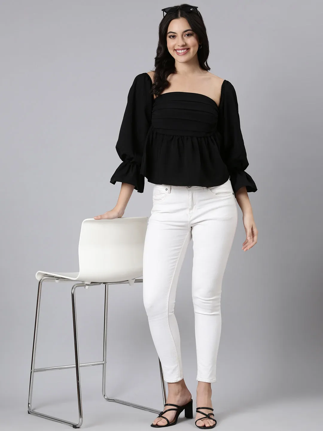 Women Black Square Neck Bell Sleeves Gathered Detailed Peplum Top