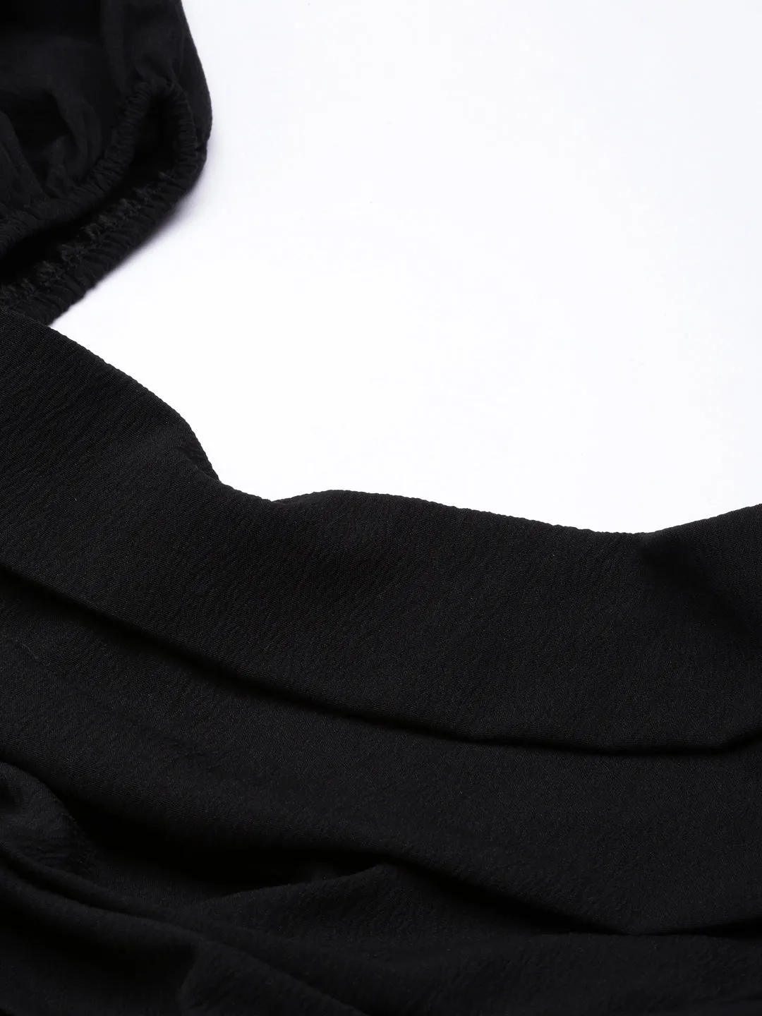 Women Black Square Neck Bell Sleeves Gathered Detailed Peplum Top