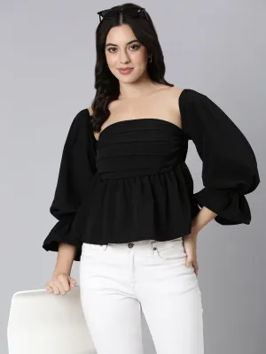 Women Black Square Neck Bell Sleeves Gathered Detailed Peplum Top