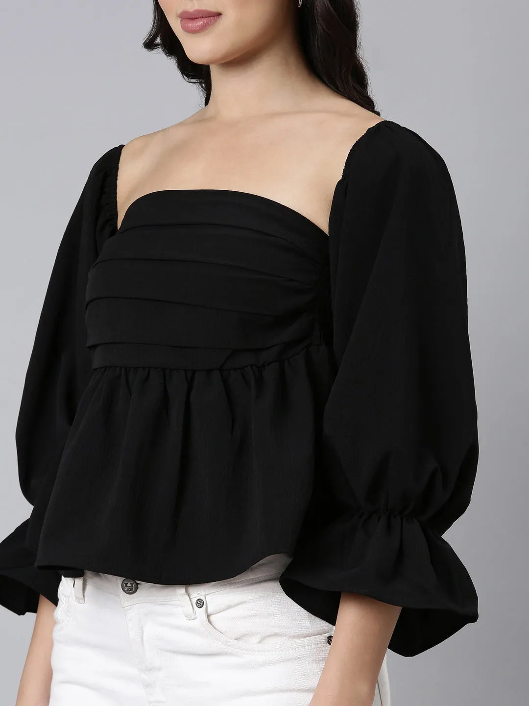 Women Black Square Neck Bell Sleeves Gathered Detailed Peplum Top